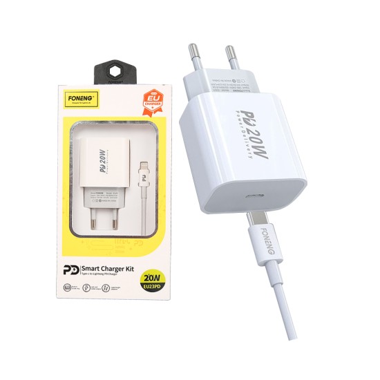 Adaptador Carregador Rápido Foneng EU23 PD EU23 PD com Cabo Tipo C a Relâmpago 20W Branco